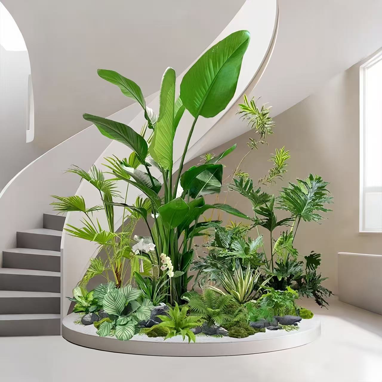 楼梯下大型绿植天堂鸟造景盆栽组合花箱落地景观室内外真植物造景