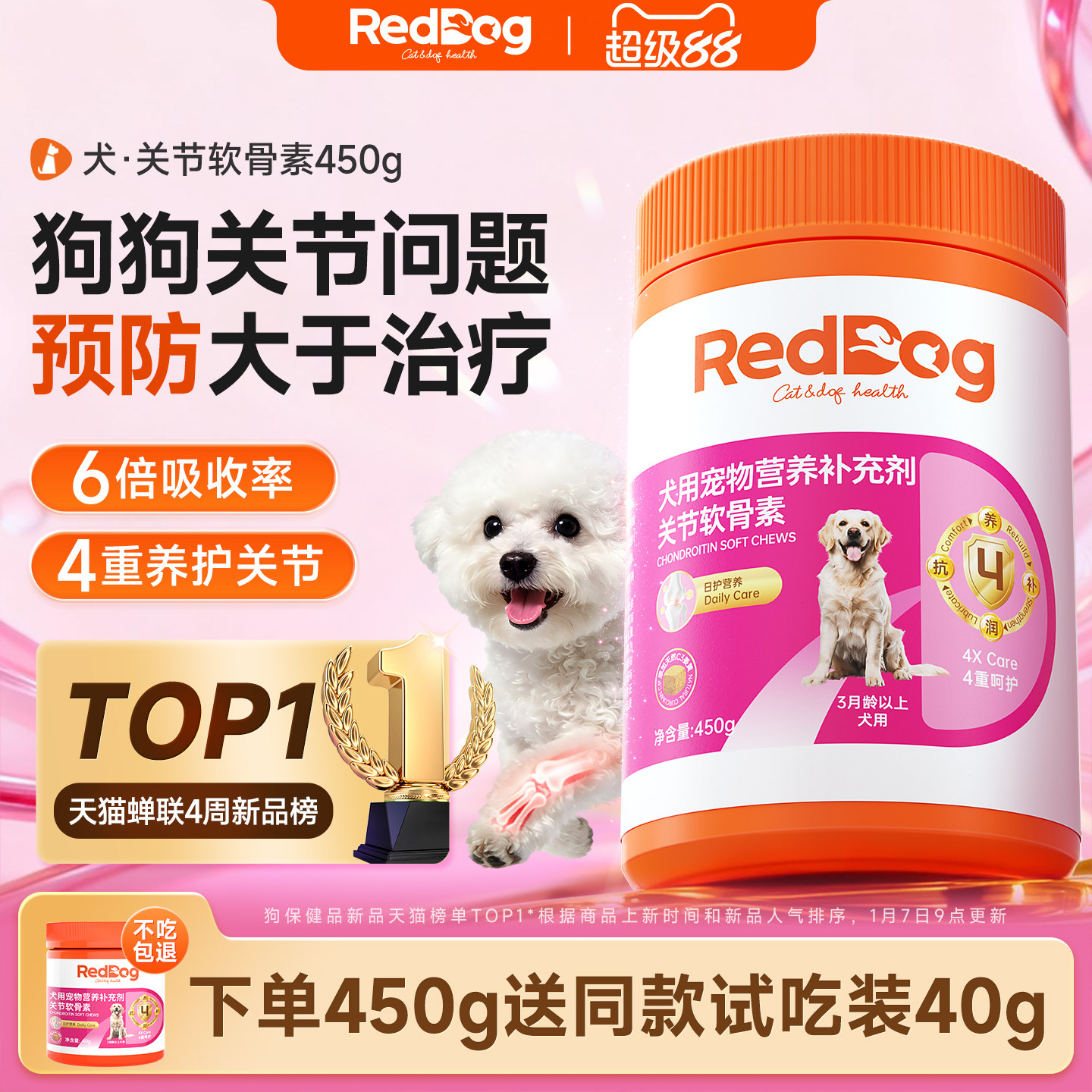 红狗鲨鱼软骨素狗狗专用氨糖软骨素450g小型犬关节养护钙片补钙