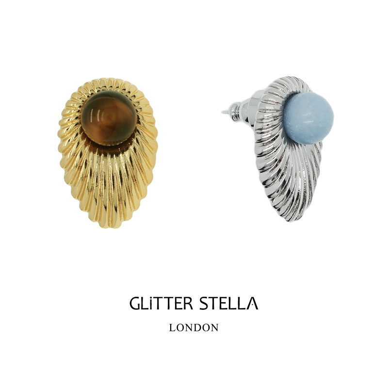 GLITTER STELLA年轮虎眼石海蓝宝天然石贝壳耳钉