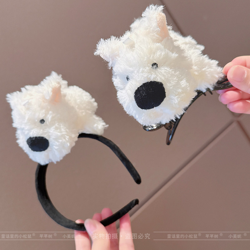 白色毛绒发箍儿童碎发不伤发头箍小女孩可爱小狗发夹侧边夹刘海夹
