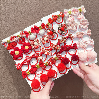 新年儿童红色发圈女童高弹力蝴蝶结头绳小女孩扎辫子发绳小花发饰