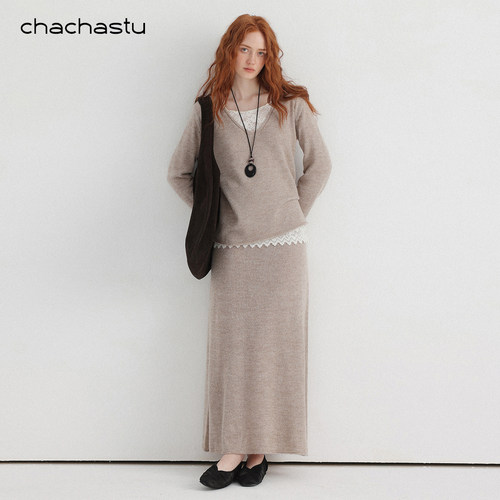 CHACHASTU 法式慵懒风长袖V领叠穿针织上衣女显瘦直筒半身裙套装