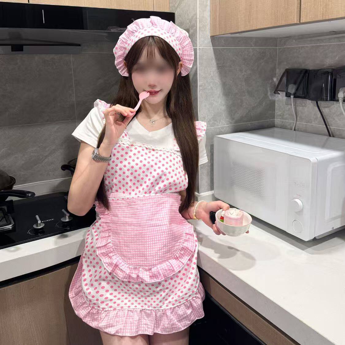 粉红厨娘波点格子花边头