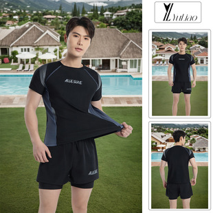 套装 泳衣游泳上衣速干短袖 防晒衣字母简约宽松双层 男士 2025新款