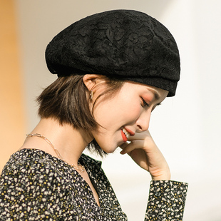 贝雷帽女夏季 透气复古八角帽日系百搭休闲褶皱蕾丝画家帽子潮 薄款