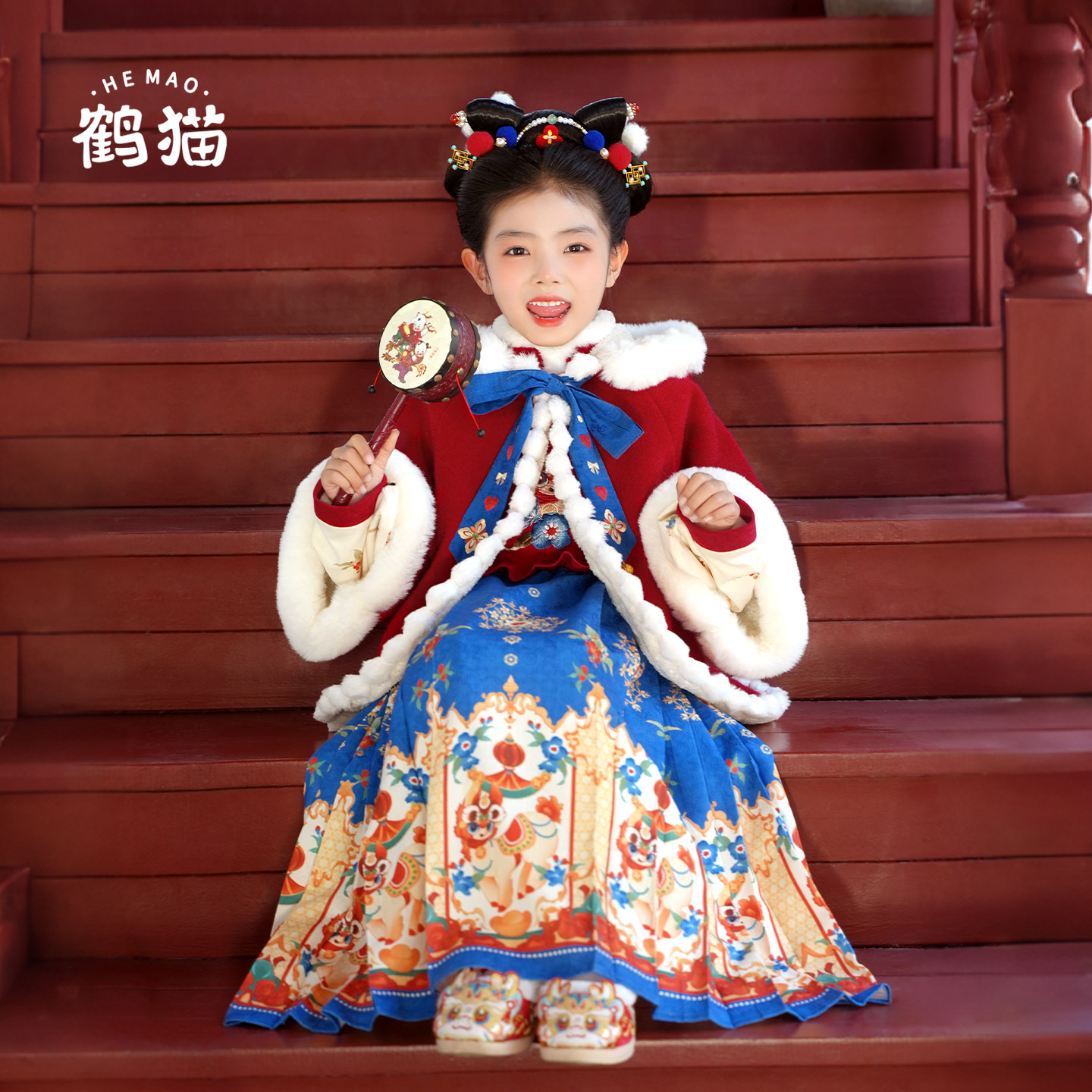 鹤猫[马踏祥瑞]新年冬季国风女童红色斗篷马面裙套装加绒拜年服,童装/婴儿装/亲子装,汉服,淘宝优惠券,粉丝福利购,淘宝优惠卷