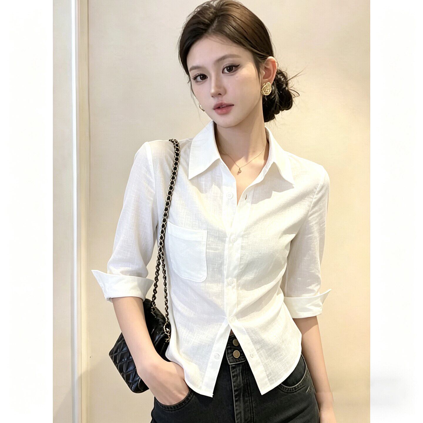 上班服亚麻短袖衬衫女夏季纯欲风收腰衬衫商务辣妹工作服棉麻上衣