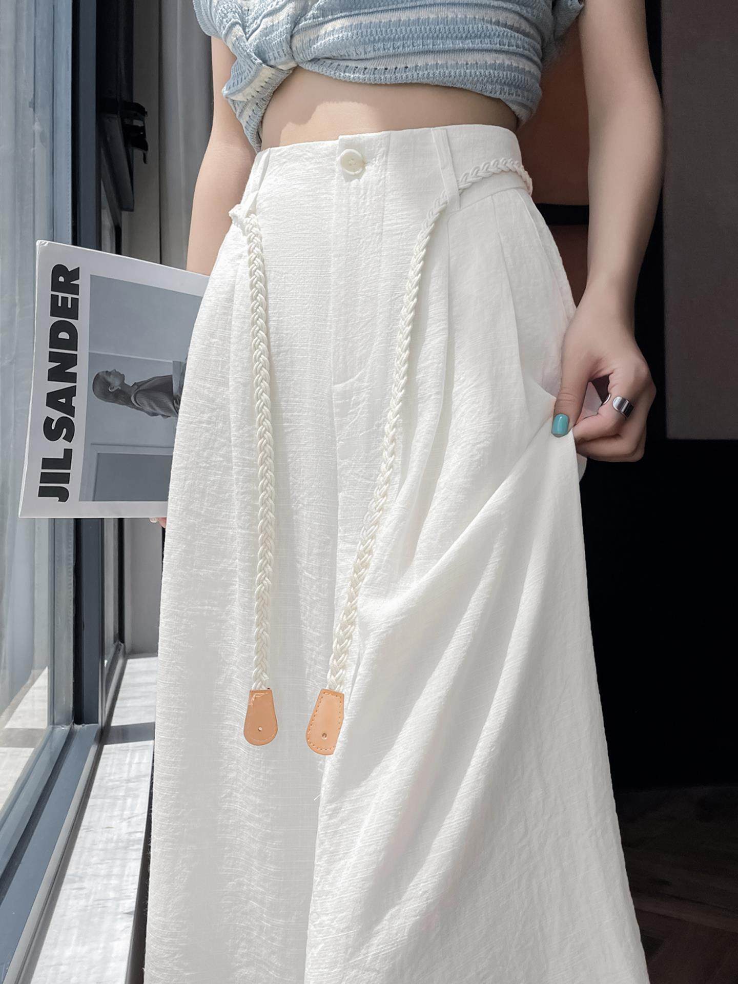 天丝亚麻白色西装裤女夏季薄款冰丝棉麻裤子宽松垂坠感拖地阔腿裤