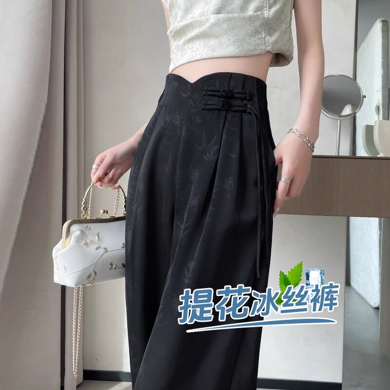 黑色缎面提花阔腿裤女夏季2025新款休闲直筒裤子新中式国风西装裤