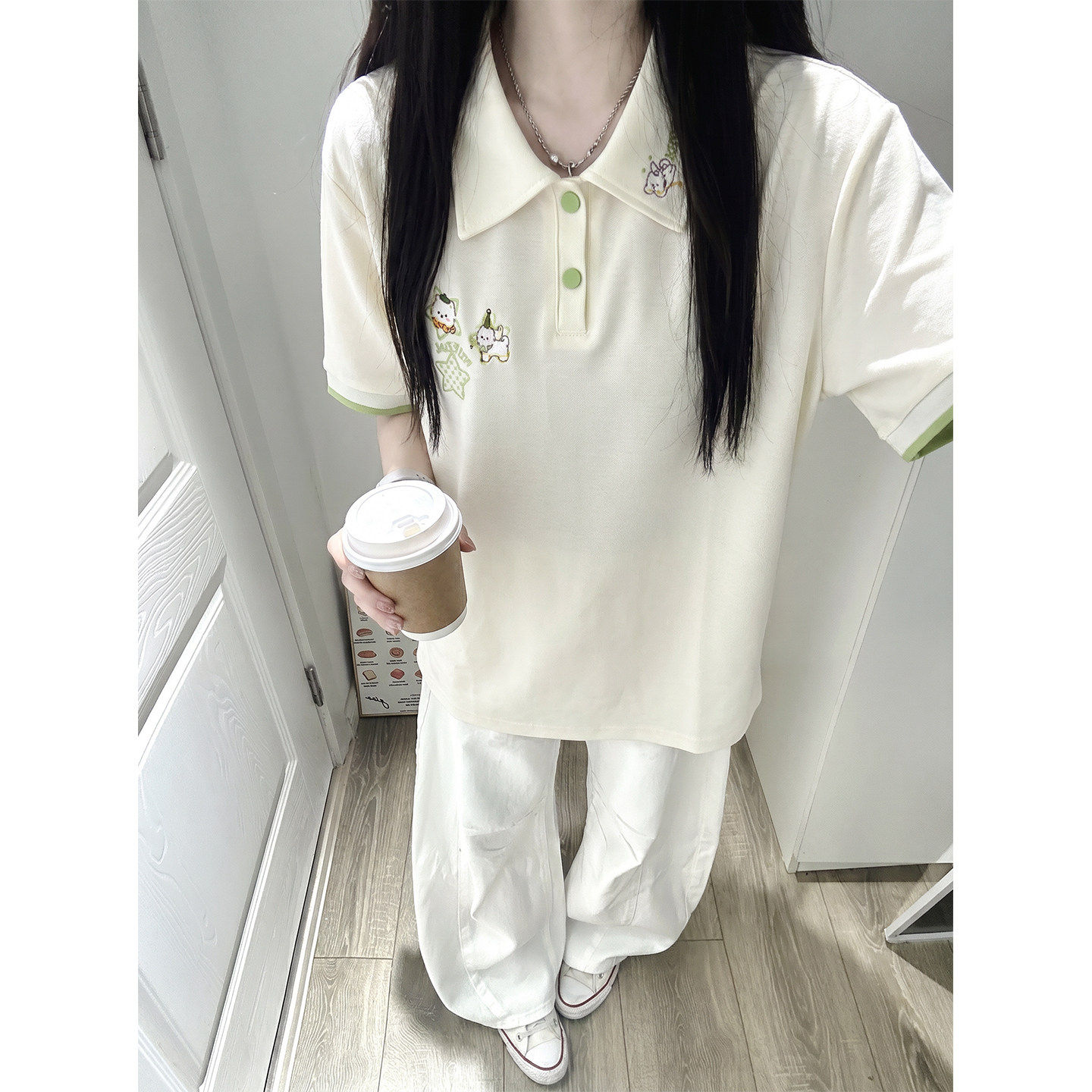 刺绣撞色polo衫短袖t恤女夏季宽松小众设计感学院风半袖上衣百搭