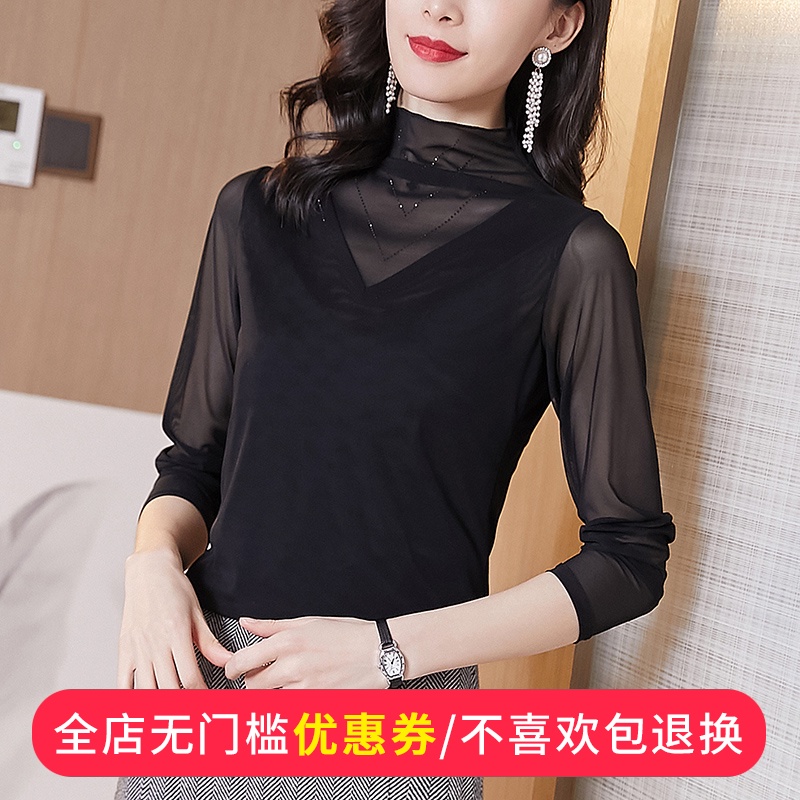 新款春秋蕾丝打底衫女长袖内搭网纱t恤上衣百搭修身高领性感小衫