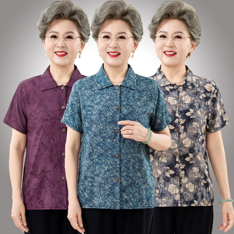 中老年人女装棉绸衬衫夏