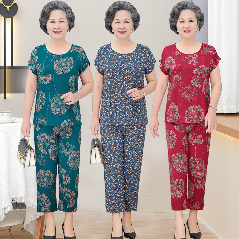 妈妈夏装棉绸套装中老年