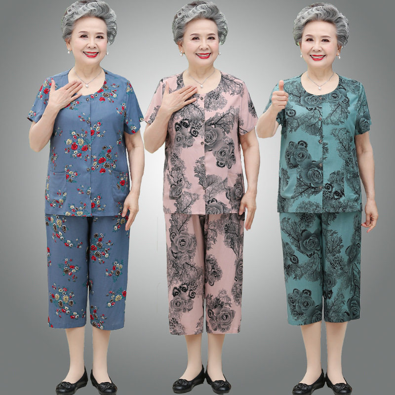 妈妈夏季棉绸套装中老年