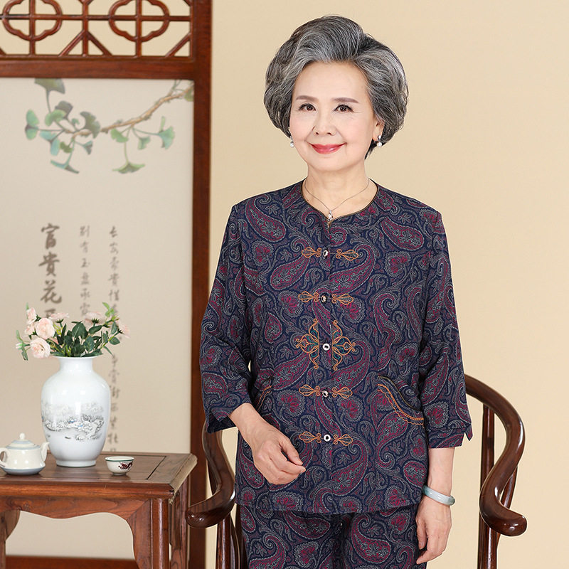 中老年人夏装套装女棉绸