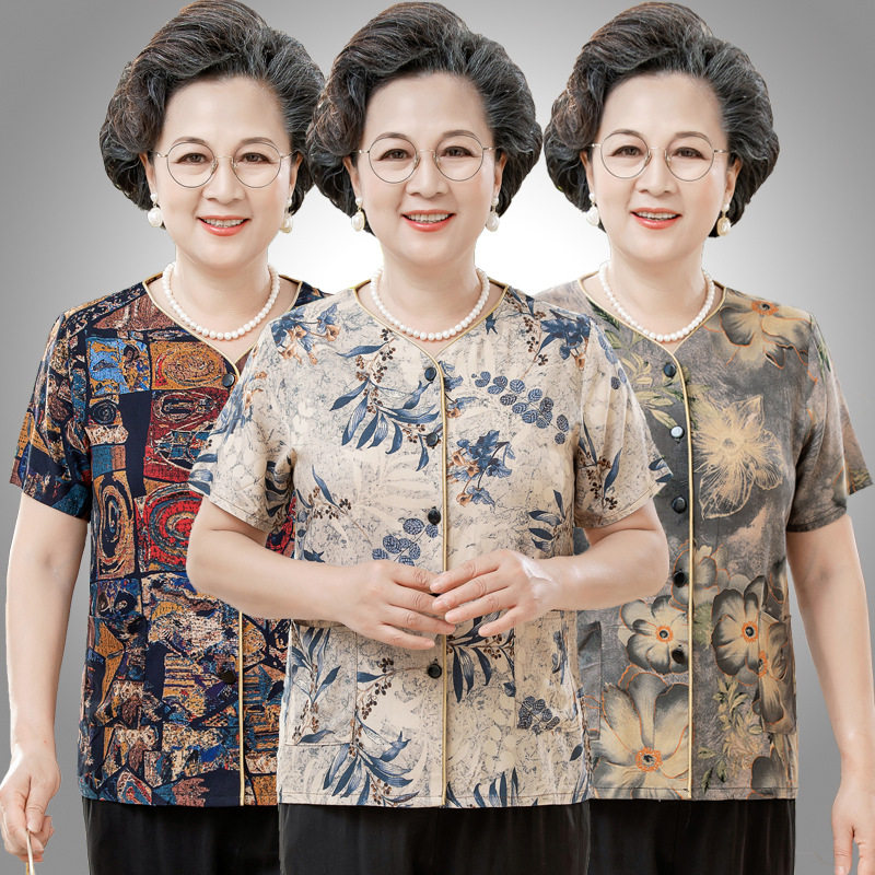 中老年人女装棉绸衬衫夏