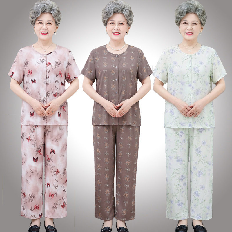 奶奶夏装短袖45支棉绸套