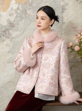 新中式重工刺绣狐狸毛领棉服女2026冬季国风毛绒醋酸加厚夹棉外套