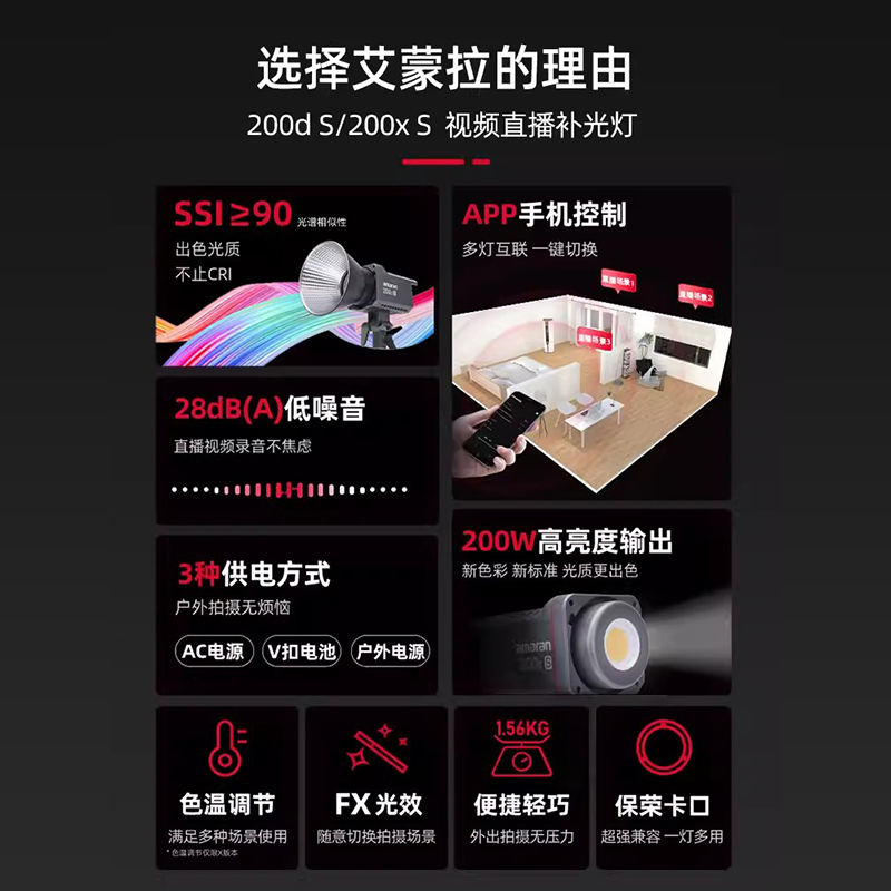 爱图仕amaran艾蒙拉200d 200x S抖音直播主播专用灯拍照摄影补光