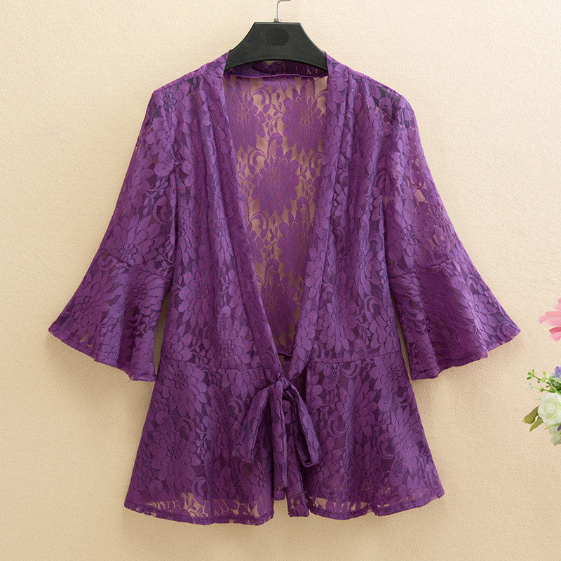 短款蕾丝开衫新款女夏装薄外套七分袖小披肩配裙小外搭大码防晒衫