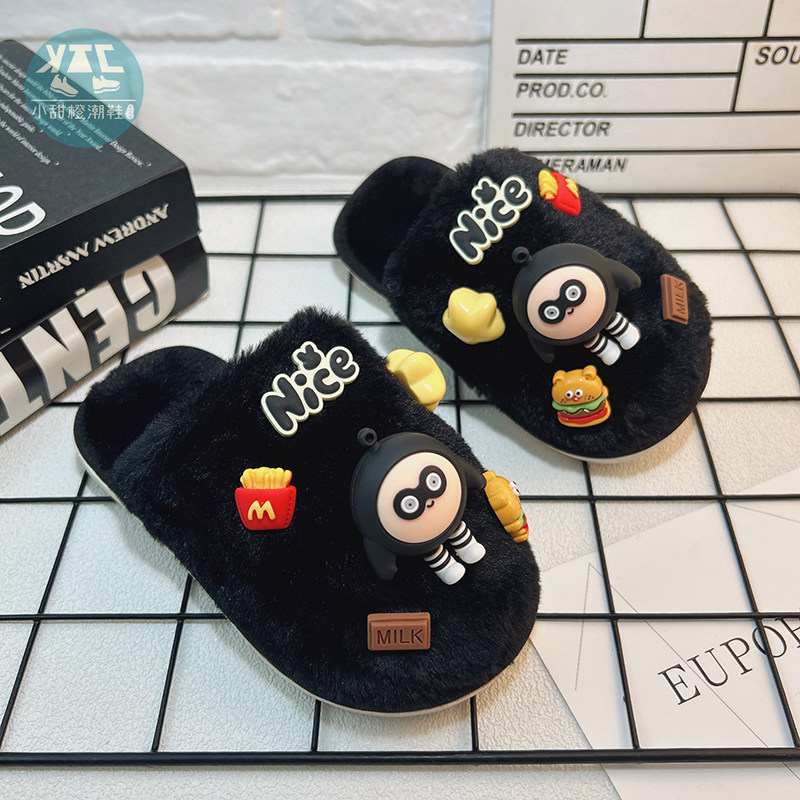 黑色女童可爱拖鞋男童儿童宝宝保暖棉拖女款冬季外穿居家2025新款