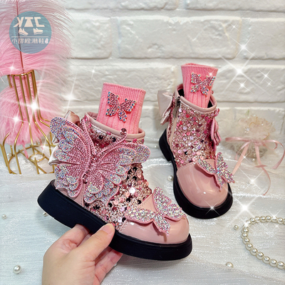 女童秋季短靴英伦风时尚亮片皮靴