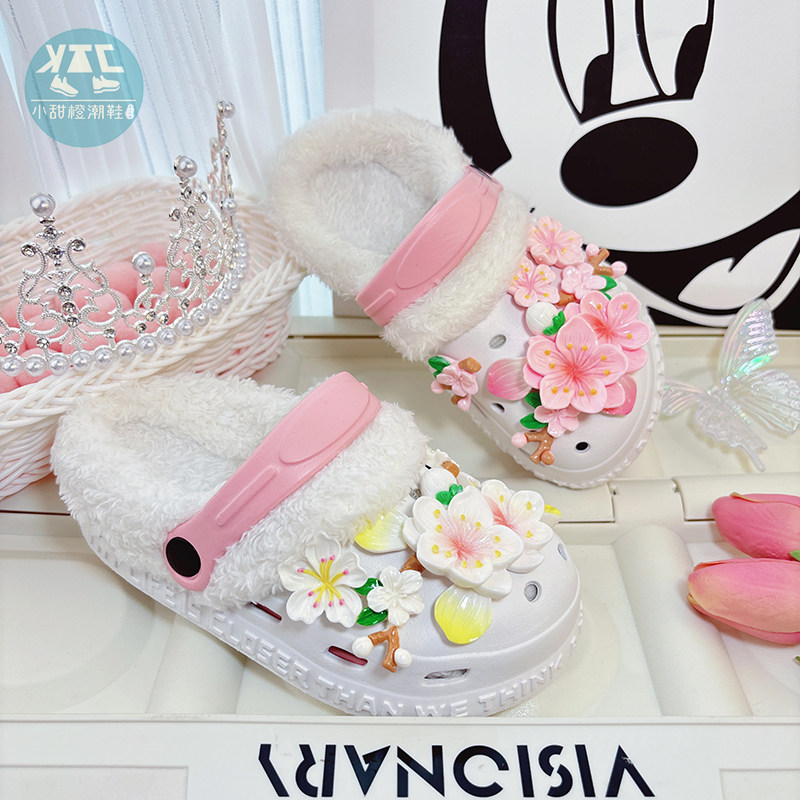 2026超火女童加绒毛毛洞洞鞋棉冬天冬季女款儿童女孩防滑拖鞋新款