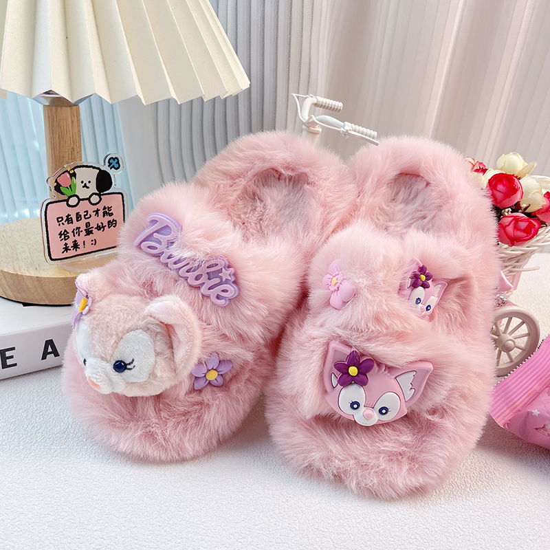 粉色卡通风儿童秋冬季毛茸茸拖鞋