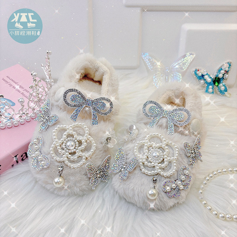 小公主白色毛毛鞋冬天女童女宝豆豆鞋厚底包跟全包秋冬季外穿鞋子