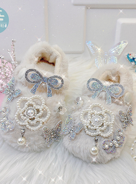 小公主白色毛毛鞋冬天女童女宝豆豆鞋厚底包跟全包秋冬季外穿鞋子