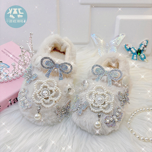 小公主白色毛毛鞋冬天女童女宝豆豆鞋厚底包跟全包秋冬季外穿鞋子