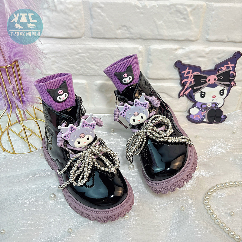 女童黑色亮面马丁靴2025年新款秋季洋气公主单靴短靴女款儿童鞋子