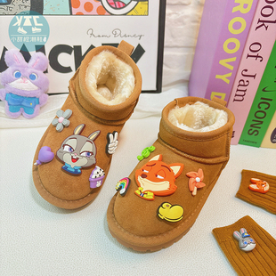 公主风女童栗色雪地靴女款2025新款冬季鞋子防寒保暖棉鞋低帮棉靴