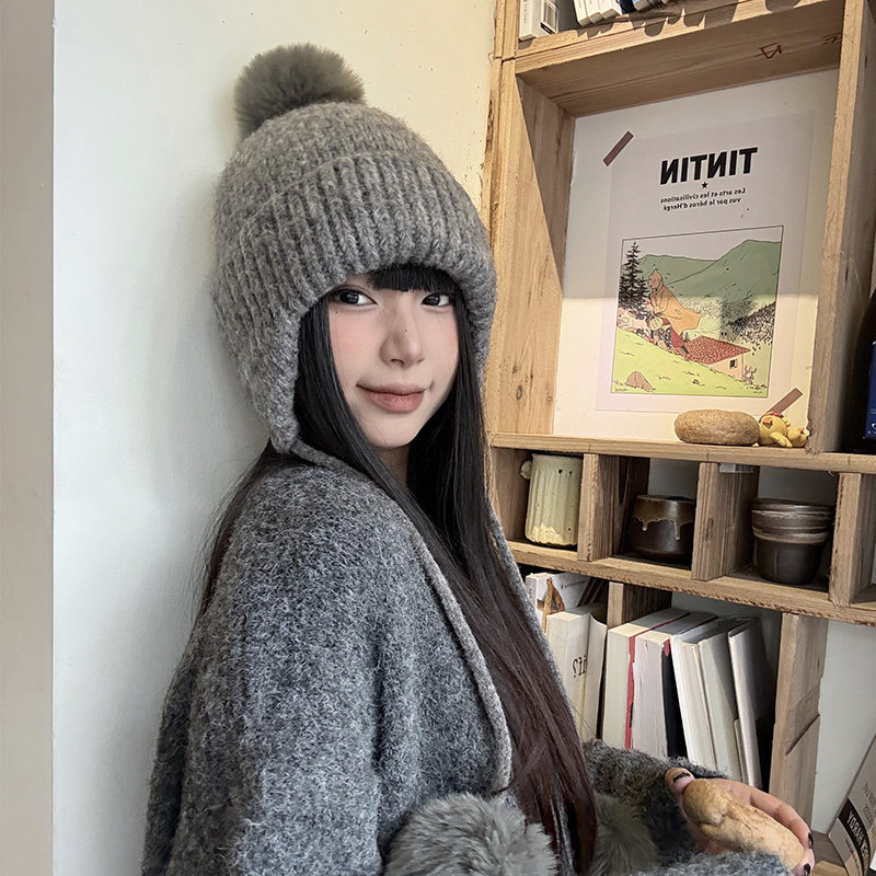 含羊毛保暖灰色针织帽女冬季加厚防风护耳毛线帽显脸小出游防寒帽