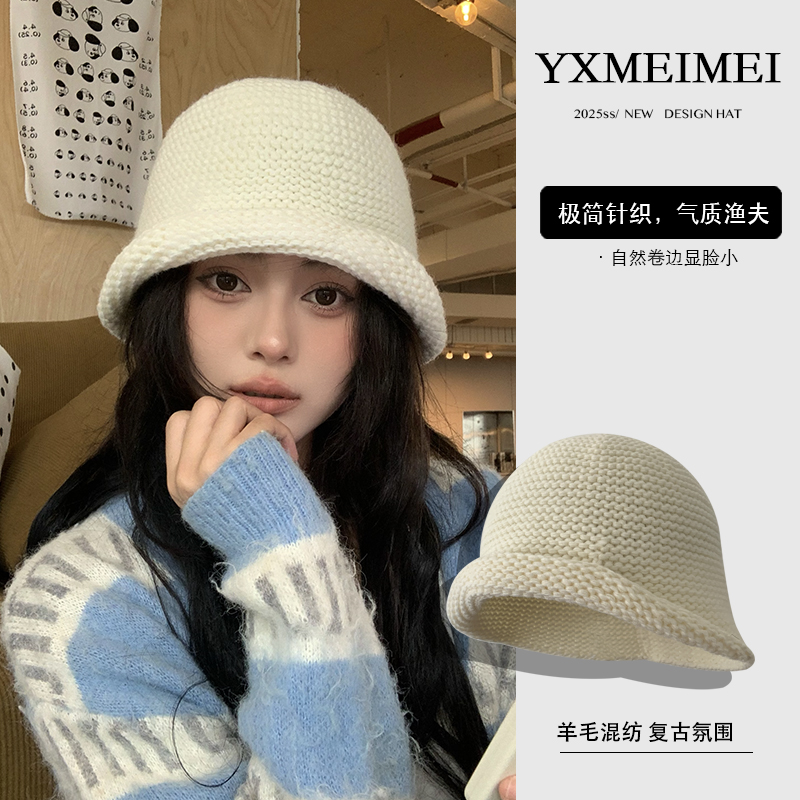 出口韩国粗针织卷边渔夫帽女秋冬季羊毛混纺大头围毛线帽保暖护耳