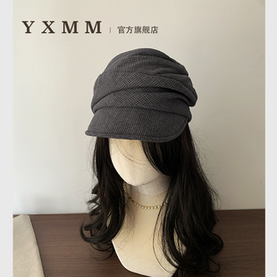 日系山本风褶皱堆堆帽女秋季新款格纹显脸小包头帽出街鸭舌贝雷帽