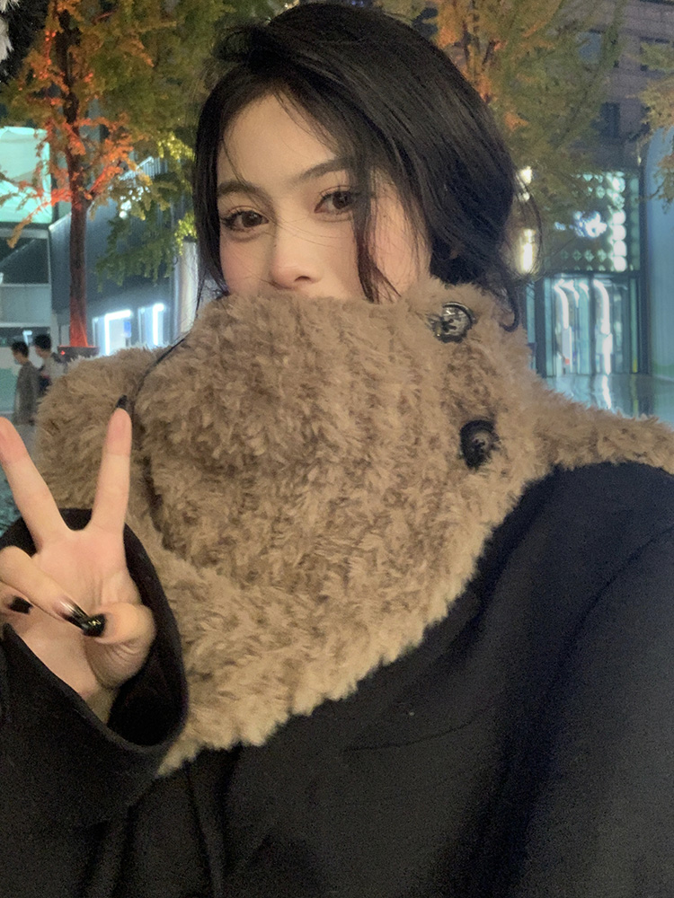 韩版软乎乎亲肤毛绒绒保暖披肩女冬季百搭纽扣围巾护脖围巾加厚