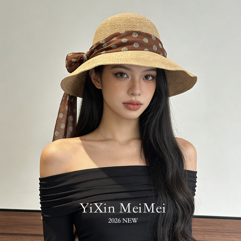 拉菲草帽女夏季海边度假飘带草帽