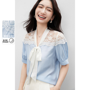 衬衫 优雅通勤撞色蕾丝拼接设计系飘带领短袖 蕾丝蝶恋