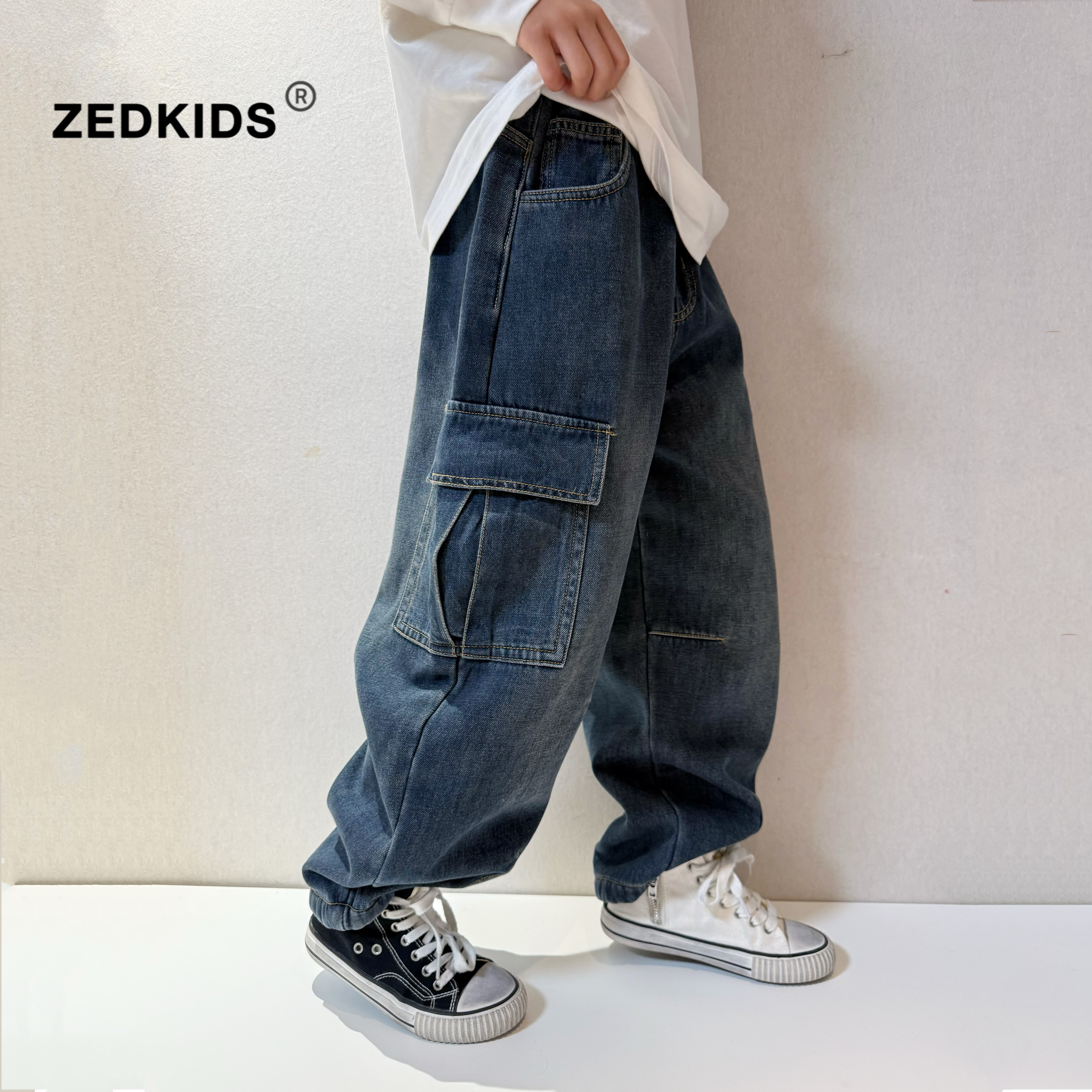 张恩朵童装【超软一体绒】儿童加绒牛仔裤冬季男女童直筒厚老爹裤