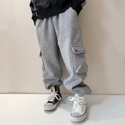 张恩朵童装男童加绒裤子冬季帅气男宝宝大口袋工装一体绒运动卫裤