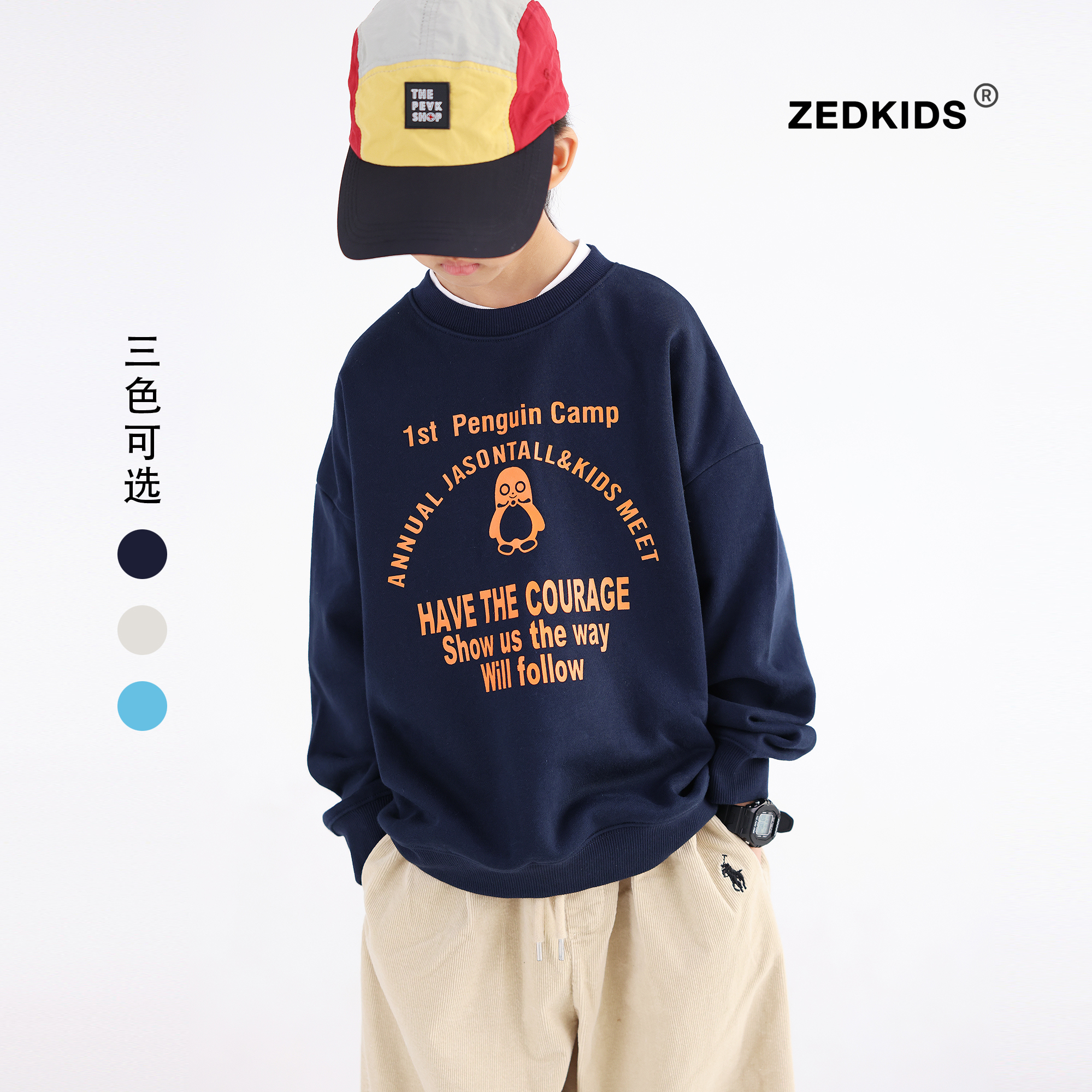 张恩朵童装儿童圆领套头卫衣春秋男女童企鹅印花纯棉毛圈长袖上衣