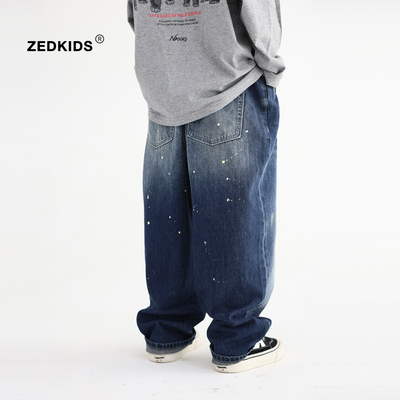 张恩朵童装儿童泼墨牛仔裤秋冬季帅气男童百搭宽松长裤直筒老爹裤