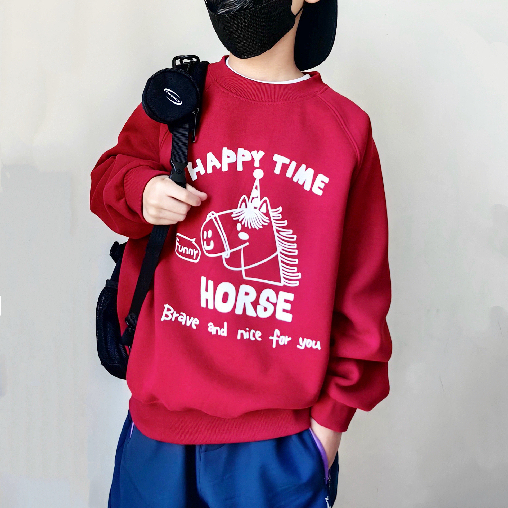 张恩朵童装儿童马年红色加绒卫衣一体绒长袖上衣新年拜年服中大童