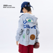 中大童灰色连帽卫衣外套儿童潮酷徽章宽松开衫 张恩朵童装 26春新款