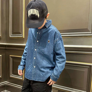 男童牛仔衬衫春秋季26新款日系潮牌童装上衣中大童复古牛仔色衬衣