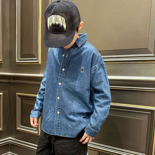 男童牛仔衬衫春秋季26新款日系潮牌童装上衣中大童复古牛仔色衬衣