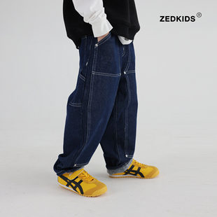 儿童抓绒软牛仔裤秋冬季男女童单宁深牛仔复古宽松牛仔长裤厚裤子