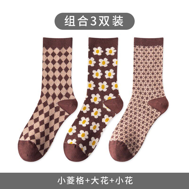 커피색 양말 여성용 종아리 중간 양말 봄 가을 일본 트렌드 복고풍 파일 양말 마름모 스타킹