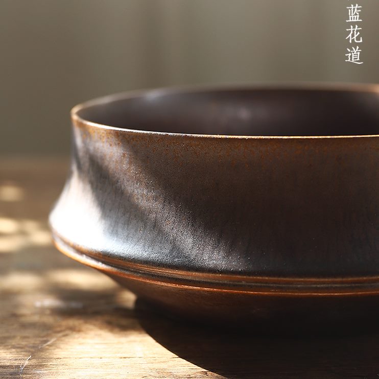 花仿古花盘皿深陶瓷摆件蓝插花器竹节墨中式 大花盆道口花器花器